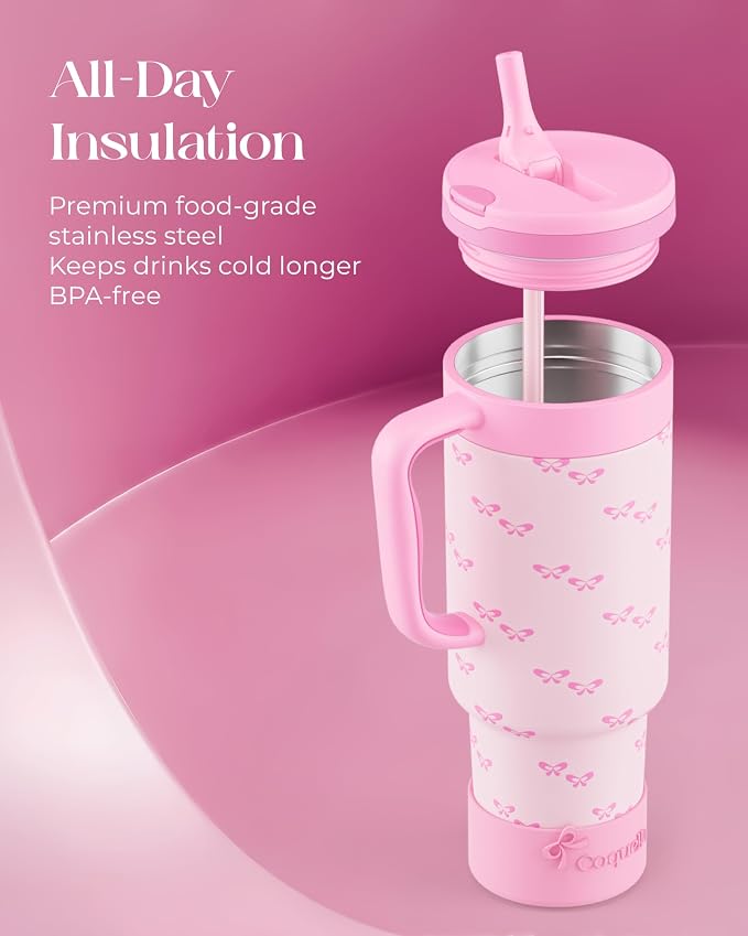 40 oz Insulated Tumbler with Handle and Push-Button Straw Lid, Stainless Steel Travel Cup for Gym Office Leakproof, BPA-Free, Cup Holder Friendly, Bow Silicone Boot, Pink (Coquette Bubblegum) - Image 4