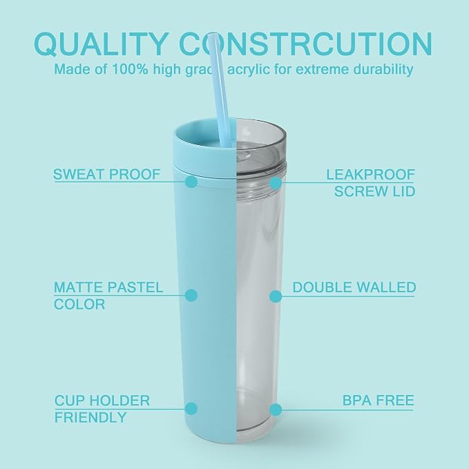 sweet grain Skinny Tumblers with Lids and Straws(6 Pack) - 16oz Matte Pastel Colored Skinny Acrylic Tumblers, Double Wall Plastic Tall Skinny Tumblers Bulk for Cold Hot Drinks - Sky Blue - Image 3