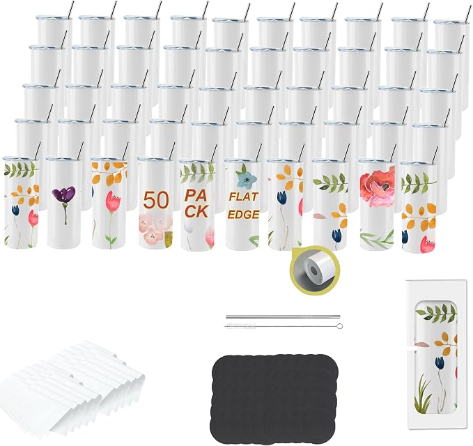 50pack 20oz flat edge sublimation tumblers ，White skinny insulated Sublimation tumbler Straight Cups with Individual Gift Box, Silicone Bottom Polymer Coating for Heat Transfer （50pack 20oz） by Unknown