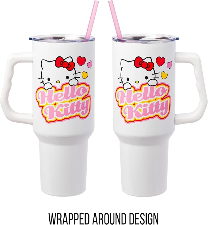 Silver Buffalo Sanrio Hello Kitty Name and Hearts Double Walled Stainless Steel Tumbler with Handle and Straw, Fits in Standard Cup Holder, 40 Ounces - Image 5