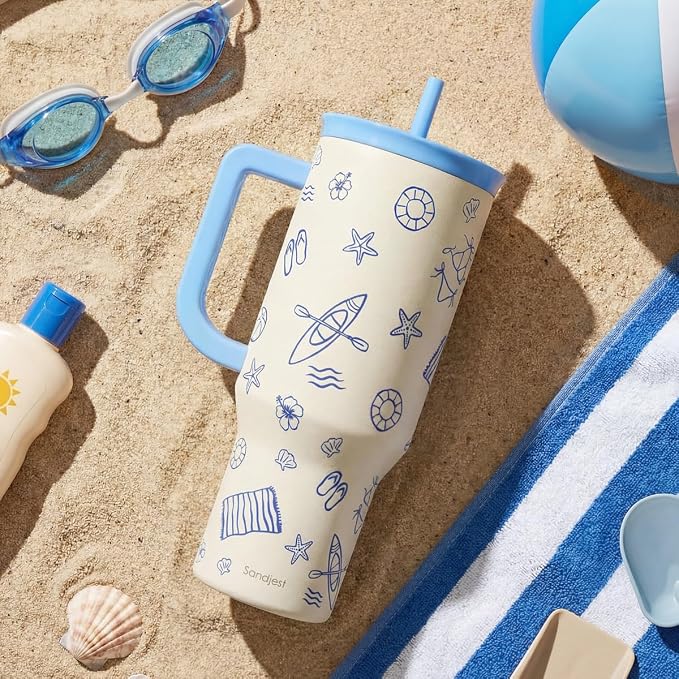 SANDJEST Beach 40oz Tumbler with Handle and Straw, Insulated Stainless Steel Travel Coffee Mug for Women Girls Beach Lovers, Gift Idea for Birthday Christmas Mothers Day Summer Vacation (Blue) - Image 7