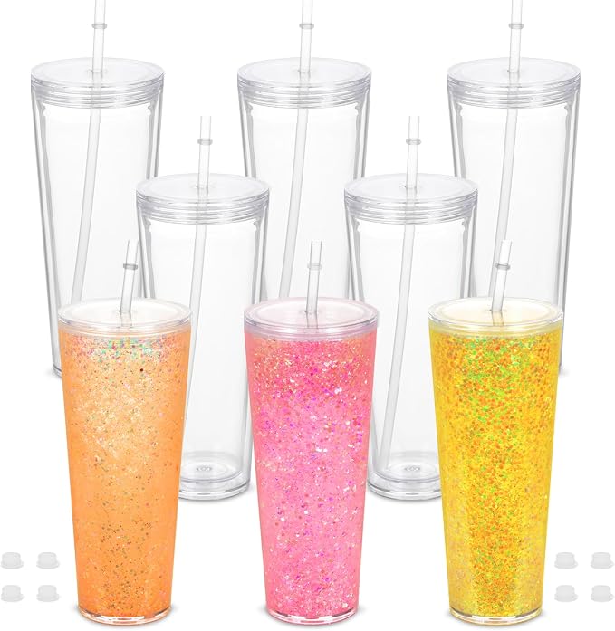 8 Pack 24Oz Snow Globe Tumblers, Double Wall Acrylic Snowglobe Cup with Pre Drilled Hole, Lids, Straws and Plug, Reusable Clear Plastic Tumbler for Snow Globe Glitter DIY by Micellwuu