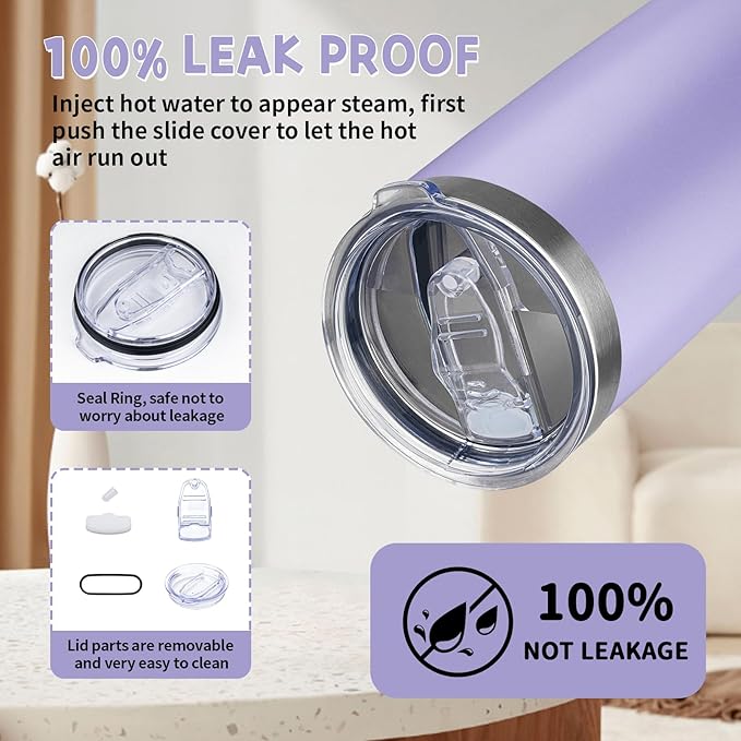 20 oz Tumbler with Lids and Straws, Stainless Steel Insulated Coffee Tumbler, Double Wall Vacuum Insulated Travel Mug Cup, Leakproof Thermal Coffee Cup for Hot and Cold Drinks (light purple) - Image 5