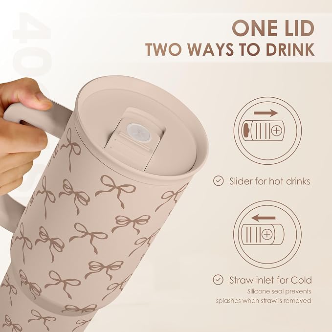 Bow Tumbler with Handle and Straw 40oz – Stainless Sleel Slider Tumbler Travel Coffee Mug for Women - Gift Idea for Birthday Christmas - Image 4