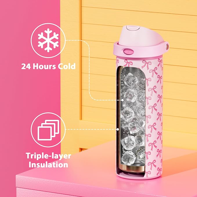 24 oz Insulated Water Bottle for Women: Meoky Stainless Steel Metal Water Bottle with 2-in-1 Straw and Spout Lid - Leak Proof, Cold for 24 Hours, Protective Silicone Base, BPA-Free for School, Bow - Image 3