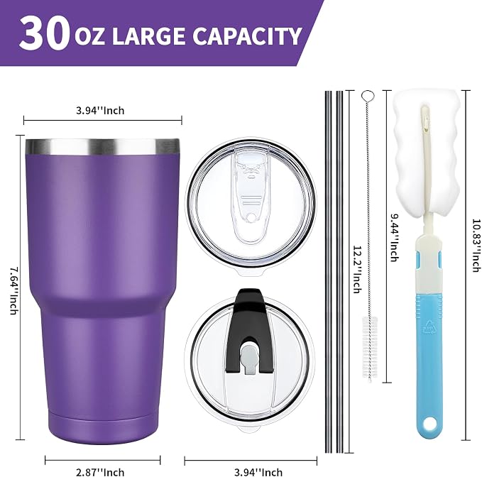 30 oz Tumbler with Lids and Straws, Stainless Steel Insulated Coffee Tumbler, Double Wall Vacuum Insulated Travel Mug Cup, Leakproof Thermal Coffee Cup for Hot and Cold Drinks (Purple) - Image 2