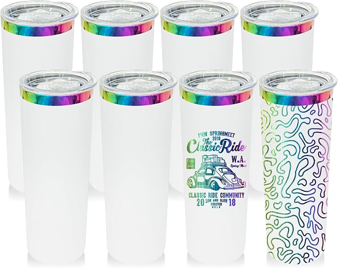 20 oz Skinny Tumblers Stainless Steel Tumbler with Lid and Straw Double Wall Vacuum Insulated Coffee Mug 20oz Powder Coated Cup for Hot and Cold Drinks(White,8 pack) by FunTrans