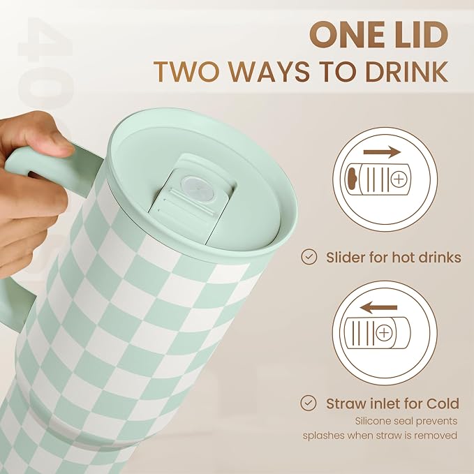 Checkered Tumbler with Handle 40oz, Mint Checker Cup Stainless Steel Insulated Tumblers Coffee Travel Mug Cups with Straw, Gifts for Women Girls Teen Birthday Christmas - Image 5