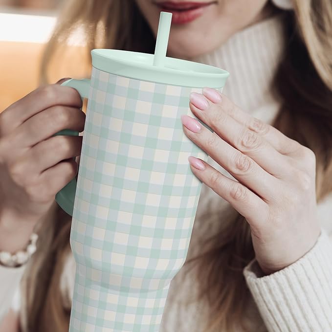SANDJEST Mint Gingham 40oz Slider Tumbler with Handle and Straw - Insulated Stainless Steel Travel Coffee Mug for Women Girls, Gift for Birthday, Christmas - Image 6
