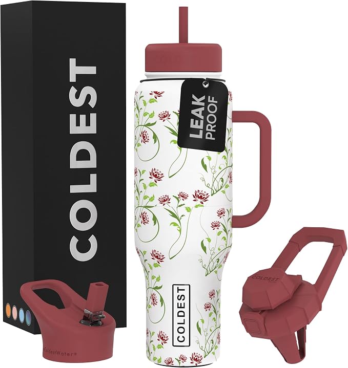 Coldest Tumbler with Handle and Straw, 100% Leak Proof Insulated Tumbler with Lid and Straw (3 Lids), Stainless Steel Tumblers for Women & Men, Cup Holder Friendly Base, 46 oz (Wine & Willow) by Coldest