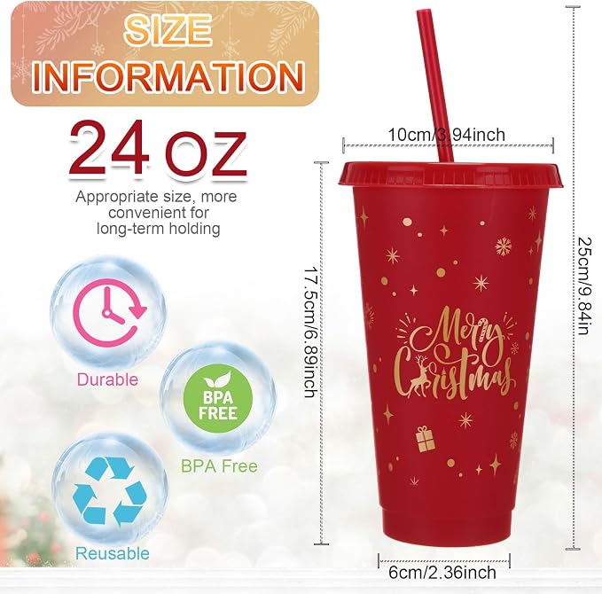 Honeydak 50 Pcs 24oz Christmas Cup Tumbler with Straw and Lid, Bulk Christmas Gifts, Holiday Reusable Plastic Cups, Water Bottle, Iced Coffee Travel Mug Cup for Party - Image 4