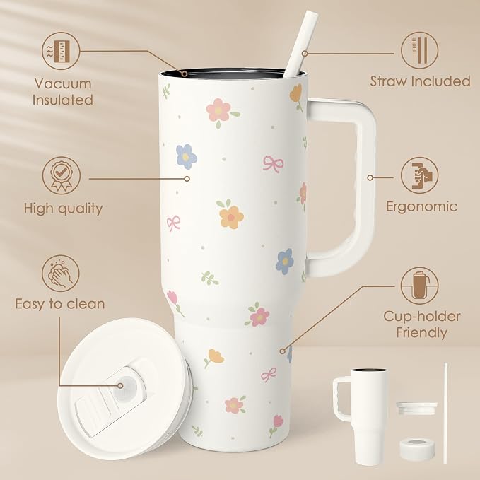 Floral 40oz Slider Tumbler with Handle and Straw - Insulated Stainless Steel Travel Coffee Mug for Women Girls, Gift for Birthday Christmas - Image 2