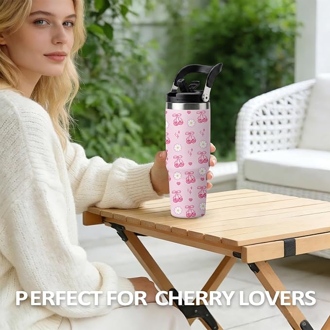 Pink Cherry Tumbler 30oz with Handle - Stainless Steel Insulated Cup, Leakproof Water Bottle with Cherry Design for Women & Girls, Perfect Birthday Christmas Gift - Image 6