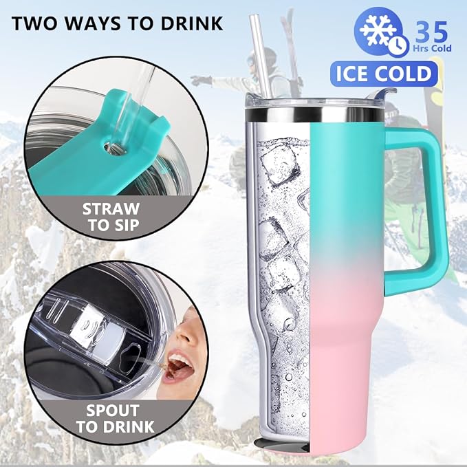 SYACOT 40 oz Tumbler with Handle and Straw Stainless Steel Insulated Tumbler Leak Proof Lid and Straw Lid Reusable Travel Mug Coffee Mug Cup Dishwasher Safe Keep Drinks Cold and Hot (Bubble Gum) - Image 3