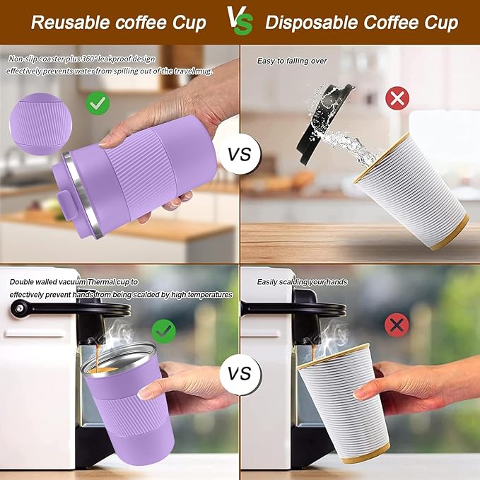 YINBAOGE Insulated Travel Coffee Mug, Spill & Leak Proof, Portable To Go Camping Stainless Steel Coffee Tumbler, Reusable Thermal Coffee Cup with Lid for Hot & Cold Drinks (Purple, 12 OZ) - Image 4