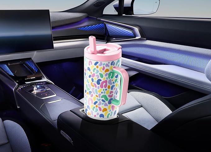 Meoky 40 oz Tumbler with Handle and Flip Straw, 100% Leakproof Tumbler with Lid and Straw, Stainless Steel Insulated Cup, Cupholder Friendly, Keeps Cold for 34 Hours (Leopard) - Image 6