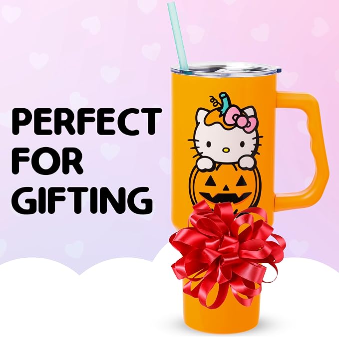 Silver Buffalo Sanrio Hello Kitty Halloween Jack-O-Lantern Double Walled Stainless Steel Tumbler with Handle and Straw, Fits in Standard Cup Holder, 40 Ounces - Image 7