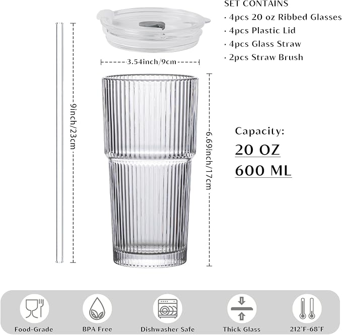 INSETLAN 20 oz Ribbed Glass Tumblers with Lids and Glass Straws – 4-Piece Glassware Set, Thickened Wall, Ideal for Iced Coffee, Smoothies, Cocktails, and Juices – Elegant and Durable Drinkware - Image 2