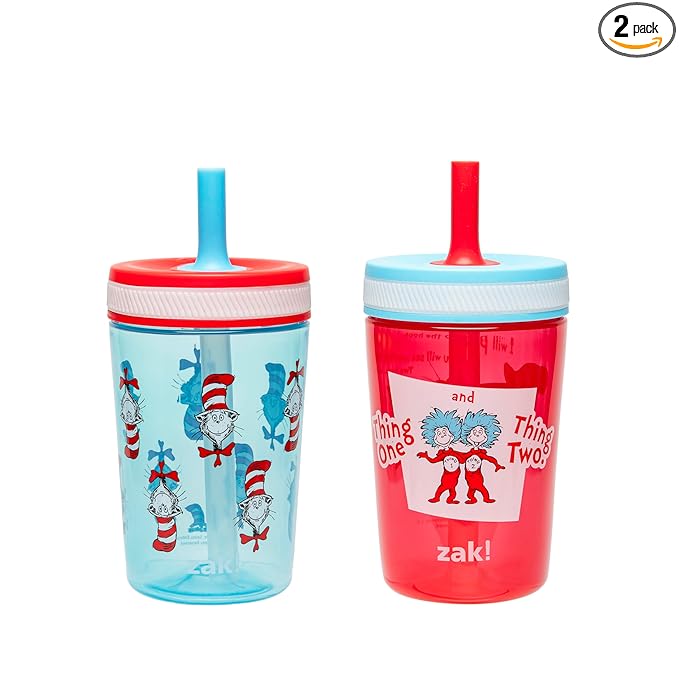 Zak Designs Dr. Seuss Kelso Toddler Cups For Travel or At Home, 15oz 2-Pack Durable Plastic Sippy Cups With Leak-Proof Design is Perfect for Kids (The Cat in the Hat) by ZakDesigns