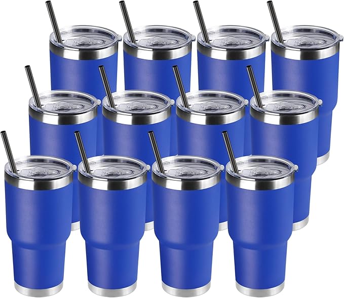 DOMICARE 30 oz Tumbler with Lid and Straw, Stainless Steel Tumblers Bulk, Insulated Vacuum Double Wall Travel Coffee Mug, Durable Powder Coated Tumbler Cups (Dark Blue, 12) by VisittheDOMICARE