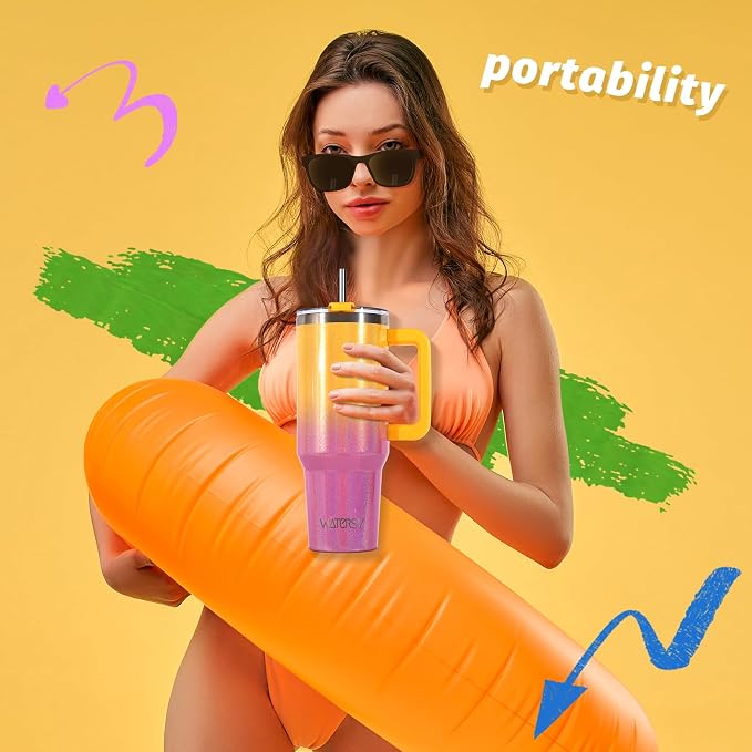 40 oz Shiny Tumbler with Handle and Straw,Stainless Steel Tumbler with Lid and Straw,Insulated Travel Mug(Cold for 34 Hours),Water Bottle for Iced Tea,Coffee (Yellow) - Image 5