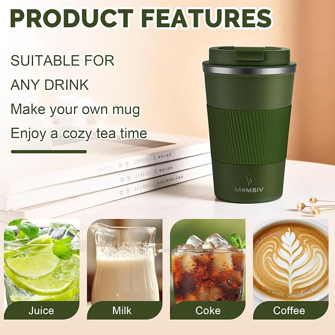 MOMSIV 12oz Travel Mug, Insulated Coffee Cup with Leakproof Lid, Vacuum Stainless Steel Double Walled Reusable Tumbler for Hot and Cold Water Coffee and Tea In Travel and Car Armygreen 380ML - Image 4