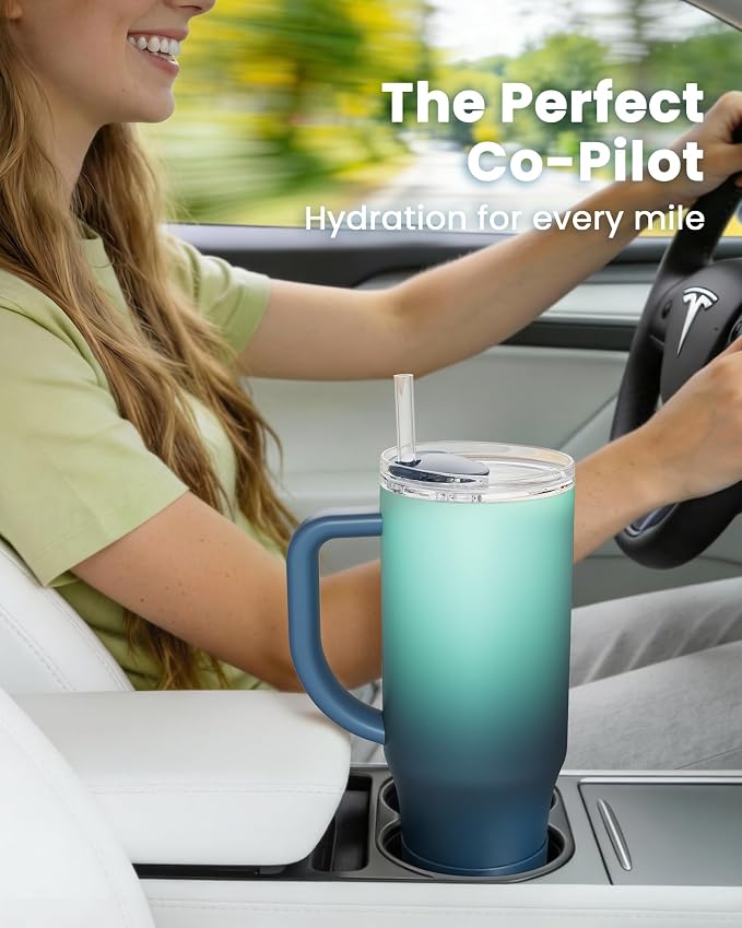 Renoj Insulated Mug 100% Spill Resistant Insulated Water Bottle for Iced Coffee & Hot Drinks - Fits Car Cup Holder, Ideal Gift, 2 Straws & Silicone Boot - FlexSlide Blue Gradient 32 oz - Image 2