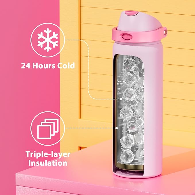 32 oz Insulated Water Bottle for Sports: Meoky Stainless Steel Water Bottle with 2-in-1 Straw and Spout Lid - Leak Proof, Cold for 24 Hours, Protective Silicone Base, BPA-Free for Women Gym, Blush - Image 5
