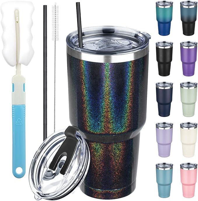 30 oz Tumbler with Lids and Straws, Stainless Steel Insulated Coffee Tumbler, Double Wall Vacuum Insulated Travel Mug Cup, Leakproof Thermal Coffee Cup for Hot and Cold Drinks (Glitter Black) by GUDEMAO