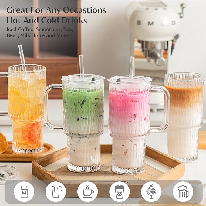 INSETLAN 26oz Raindrop Glass Tumbler with Handle and Lid, Set of 2 – Reusable Iced Coffee Cups with Lids, Clear Glass Cups with Straw for Coffee, Smoothies, Tea, Juice – Perfect for any Occasion - Image 7