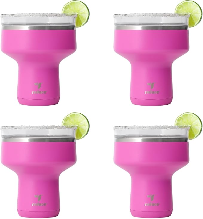 REDUCE Saltini 16oz Cocktail Tumbler - Insulated Margarita Tumbler with Lid-Keeps Drinks Cold for 10 Hours-360 Sippable Martini Glass Alternative-Shatterproof Perfect for Parties-Sunset Fuchsia-4 Pack by Reduce