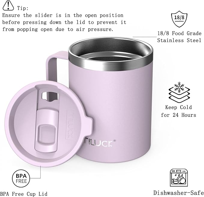 TILUCK 12 oz Insulated Coffee Mug with Lid, Double Wall Vacuum Insulated Travel Mug Cup with Handle for Hot or Cold Drinks（12oz，Matte LightPurple） - Image 2