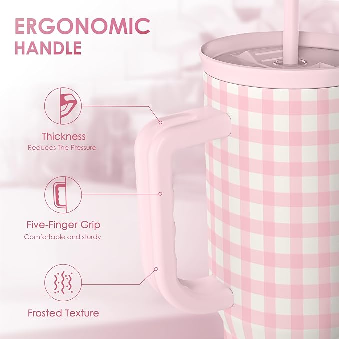 Pink Gingham 40oz Slider Tumbler with Handle and Straw - Insulated Stainless Steel Travel Coffee Mug for Women Girls, Gift for Birthday, Christmas - Image 3