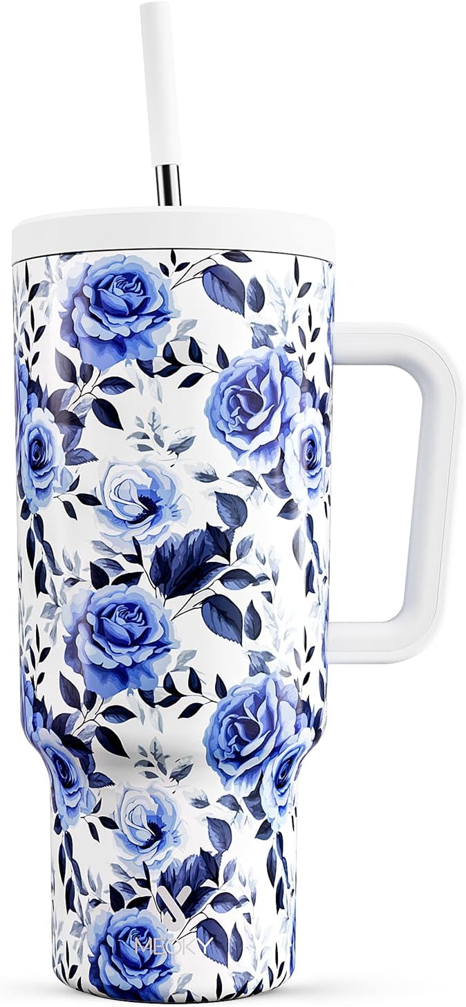 Meoky 40 oz Tumbler with Handle and Straw: Stainless Steel Insulated Tumbler with Lid and Straw - 100% Leak Proof Tumbler for Car Cup Holders - Travelers Commuters Workers, Blue Rose by MEOKY