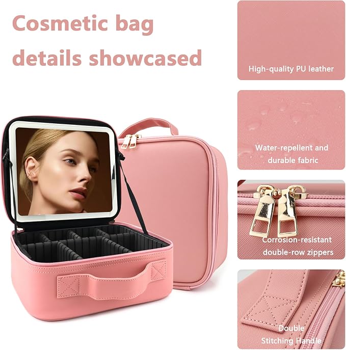 Travel Makeup Bag with LED Lighted Mirror, Travel Makeup Organizer, 3 Color - Image 7