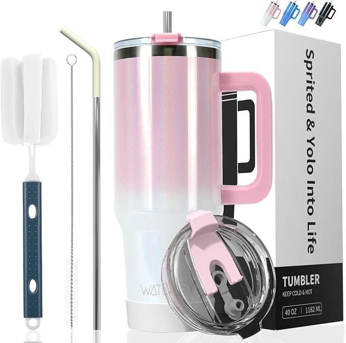 30 oz Shiny Tumbler with Handle,Tumbler with Lid and Straw,Double Wall Insulated Cup Stainless Steel Travel Mug(Cold for 34 Hours),Water Bottle for Iced Tea,Coffee,Cold Beverages(Pink) by Watersy