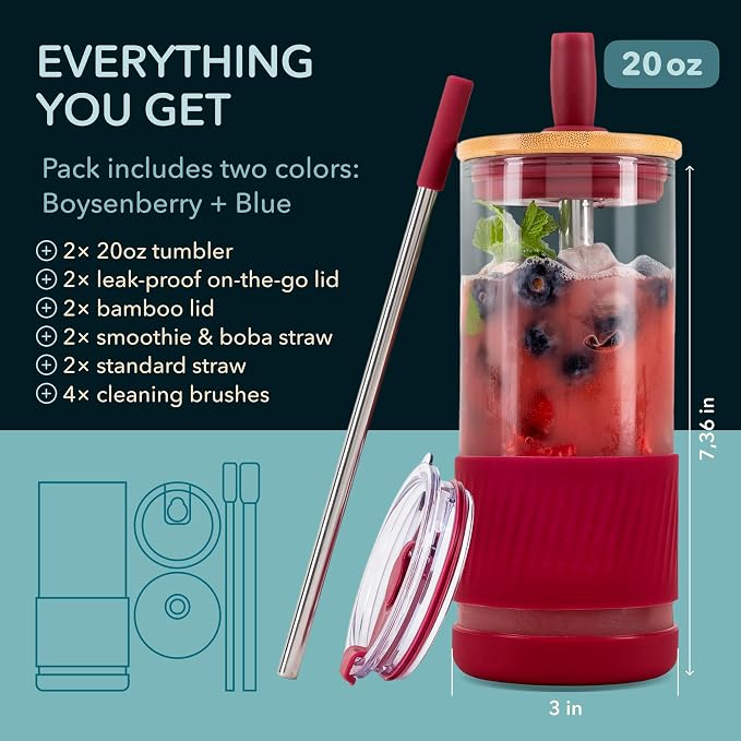 Pandaloo® Glass Cups With Lids and Straws -20 Fl Oz- Perfect Size Iced Coffee Cup - Smoothie Cup With Bamboo Lid and On the go Lid - Glass Tumbler (2 Count (Pack of 1), Boysenberry-Galactic Blue) - Image 2