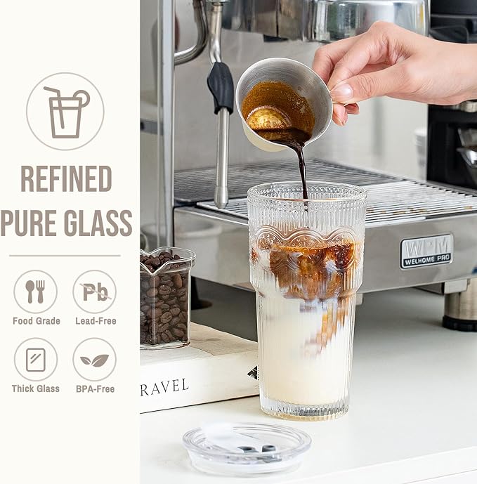 SoulTimes 20oz Ribbed & Floral Glass Tumbler Set of 2 – Reusable Glass Cups with Lid and Glass Straw, Iced Coffee Cups for Water, Smoothie, Milk, Cocktail & More – Perfect for Daily Use & Travel - Image 4
