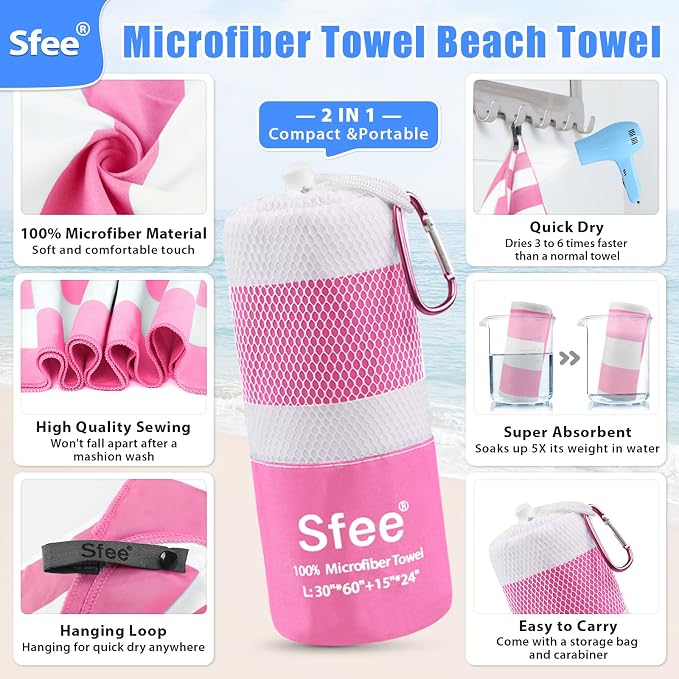 Sfee 2 in 1 Microfiber Beach Towel, Quick Dry Towel Camping Towel Travel Towel - Image 2