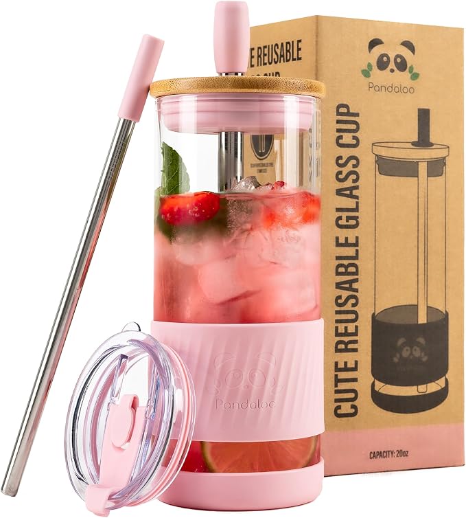 Pandaloo® Glass Cups With Lids and Straws -20 Fl Oz- Perfect Size Iced Coffee Cup - Smoothie Cup With Bamboo Lid and On the go Lid - Glass Tumbler With Straw (1 Count (Pack of 1), Tender Pink) by Pandaloo