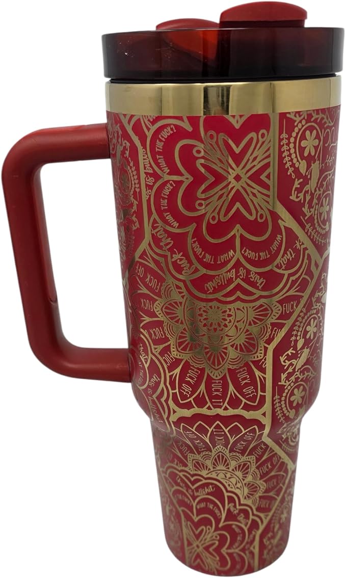 Hidden Cuss Word Tumbler 40oz Laser Engraved Funny Nurse Gift Swear Tumbler with Lid and Straw, Multicolor, Gag Gift Hidden Curse Words Stainless Steel Travel Mug (Red with Gold Underlay) by Handmade