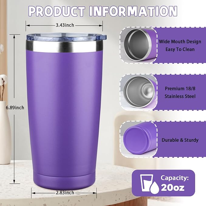 20 oz Tumbler with Lids and Straws, Stainless Steel Insulated Coffee Tumbler, Double Wall Vacuum Insulated Travel Mug Cup, Leakproof Thermal Coffee Cup for Hot and Cold Drinks (purple) - Image 2