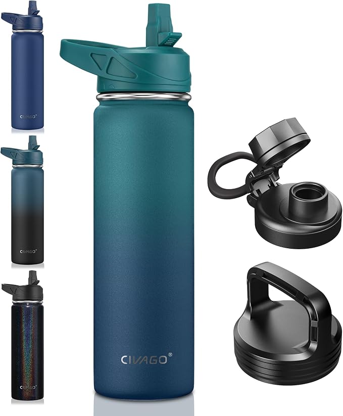 CIVAGO 22 oz Insulated Water Bottle With Straw, Stainless Steel Sports Water Flask Cup with 3 Lids (Straw, Portable Spout and Handle Lid), Double Walled Travel Thermal Canteen Mug, Dark Night by CIVAGO