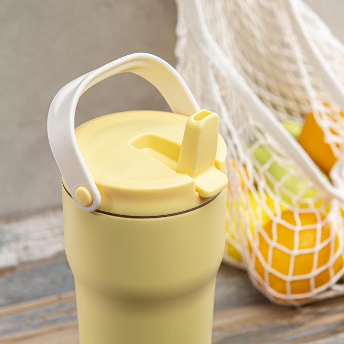 Zak Designs Sutton Travel Tumbler for On the Go, 30oz Stainless Steel with Vacuum Insulation, Straw Spout, Carry Handle for Cold Drinks (Vanilla Yellow) - Image 2
