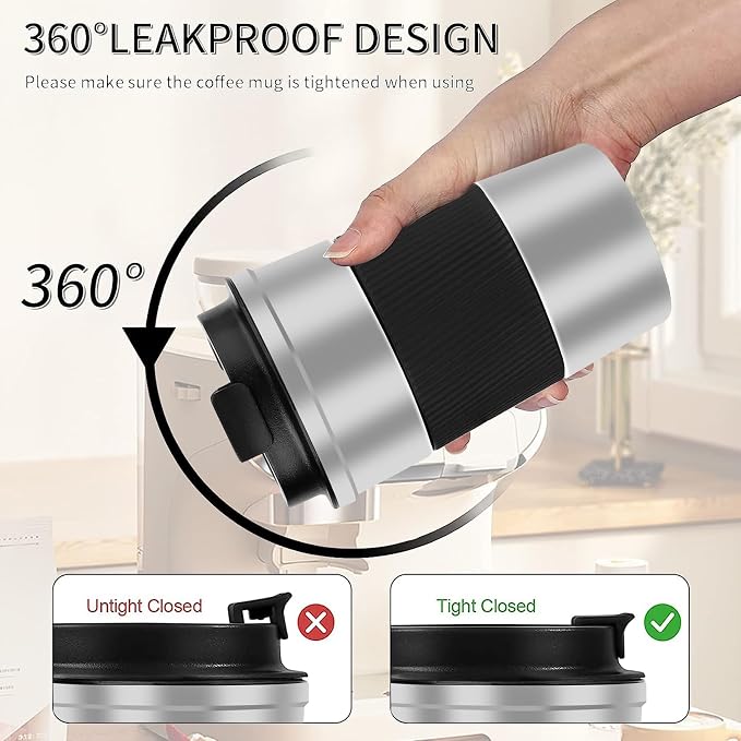 YINBAOGE Insulated Travel Coffee Mug, Spill & Leak Proof, Portable To Go Camping Stainless Steel Coffee Tumbler, Reusable Thermal Coffee Cup with Lid for Hot & Cold Drinks (Silver black, 17 OZ) - Image 4