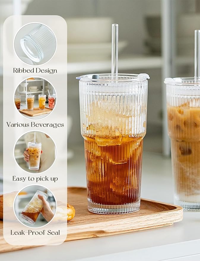 20 oz Glass Tumblers, Iced Coffee Cups with Lids and Glass Straws, Thickened Wall Ribbed Glass Cups, Ideal for Smoothies, Cocktails, and Juices – Vintage and Durable Drinkware – 1 Pack - Image 4