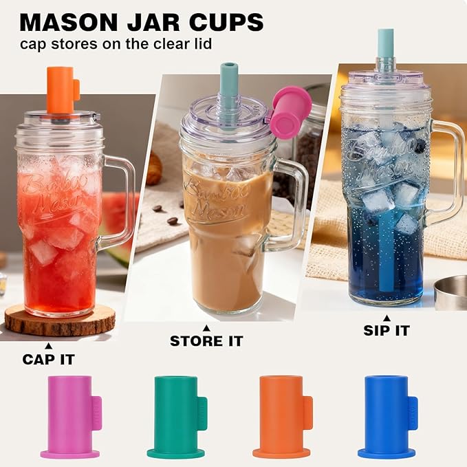 Anotion Mason Jar Cups with Lids and Straw, Leakproof 24oz Glass Tumbler with Handle, Leak-Proof Dustproof Cap, Self-Assembly Silicone Straw, Reusable Iced Coffee Matcha Cup Coffee Gifts for Women 4pc - Image 3