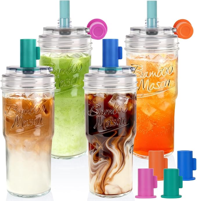 ANOTION Bamboo Mason 24oz Glass Tumbler with Straw Leakproof Lid, Cap Cup Mason Jar 4 Color Caps, Self-Assembly Leak-Proof Lid Straw, Reusable Iced Coffee Cup, Mason Jar Drinking Glass Coffee Gifts by ANOTION