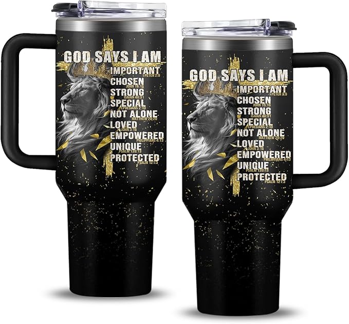 Christian Gifts for Men, 40 oz God Says I Am Lion Tumbler with Handle, Inspirational Religious Birthday Gifts, Lion Christian Gift for Spiritual Catholic Faith Jesus Bible God Prayer Cup by NIAXAUYT
