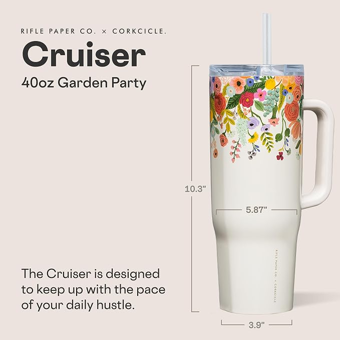 Corkcicle x Rifle Paper Co. Cruiser Insulated Tumbler with Handle & Straw - Keeps Drinks Cold 20 Hours - BPA-Free - Gift for Mom - Great for Mother's Day or Christmas - 40 oz - Garden Party Cream - Image 2